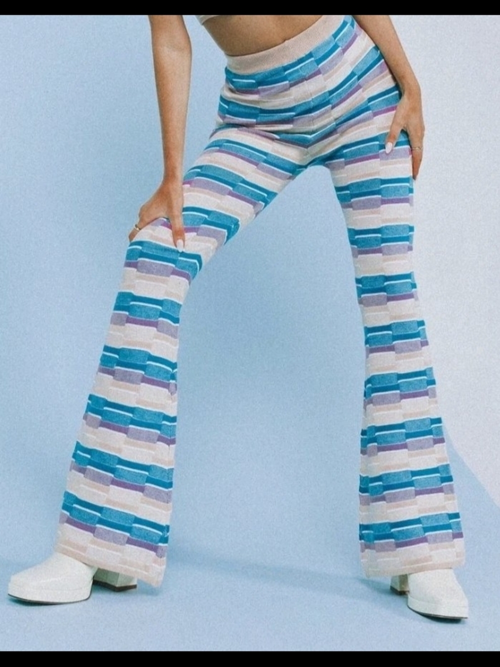 Princess Polly Blue Multi Striped High-Rise Flare Pants XS/S NWT